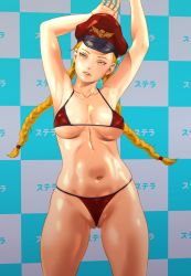 Rule 34 | 1girl, absurdres, armpits, arms up, bare arms, bare legs, bare shoulders, bikini, blonde hair, blush, braid, breasts, breasts apart, cammy white, cleavage, cleft of venus, covered erect nipples, cowboy shot, green eyes, groin, hat, highres, indoors, large breasts, legs, legs apart, long hair, looking to the side, navel, parted lips, pussy, red bikini, shiny skin, shiory, solo, standing, street fighter, swimsuit, thighs, thong, twin braids, wedgie