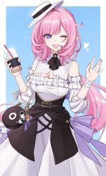 Rule 34 | 1girl, absurdres, bag, bare shoulders, blue background, blue eyes, border, breasts, cup, detached sleeves, dress, elf, elysia (honkai impact), elysia (miss pink elf) (honkai impact), hand up, handbag, hat, heart, highres, holding, holding cup, honkai (series), honkai impact 3rd, large breasts, looking at viewer, one eye closed, open mouth, pink hair, pink pupils, pointy ears, puffy short sleeves, puffy sleeves, qing231, short sleeves, smile, solo, tilted hat, white border, white dress, white hat