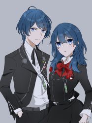 Rule 34 | 1boy, 1girl, blue eyes, blue hair, bow, byleth (female) (fire emblem), byleth (fire emblem), byleth (male) (fire emblem), closed mouth, cosplay, emblem, fecakeeee, female protagonist (persona 3), female protagonist (persona 3) (cosplay), fire emblem, fire emblem: three houses, grey background, hair between eyes, hands in pockets, highres, long sleeves, looking at viewer, medium hair, nintendo, open mouth, persona, persona 3, persona 3 portable, school uniform, shiomi kotone, shirt, short hair, sidelocks, simple background, skirt, standing, upper body, white shirt, wide sleeves, yuuki makoto (cosplay), yuuki makoto (persona 3)
