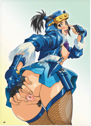Rule 34 | 1girl, anus, artist request, ass, black hair, blue vest, breasts, censored, fingerless gloves, fishnet legwear, fishnets, gauntlets, gloves, headwear request, kunai, looking back, mooning, ninja, nipples, ponytail, pubic hair, pussy, skirt, spread pussy, tongue, tongue out, vest, weapon