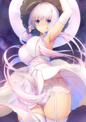 Rule 34 | 1girl, ahoge, arm up, armpits, azur lane, blue eyes, blush, breasts, dress, elbow gloves, garter belt, garter straps, gloves, hat, highres, illustrious (azur lane), lace, large breasts, long hair, looking at viewer, low twintails, md5 mismatch, mole, mole under eye, open mouth, panties, resolution mismatch, solo, source larger, tatapopo, thighhighs, twintails, underwear, white dress, white hair, white panties, white thighhighs