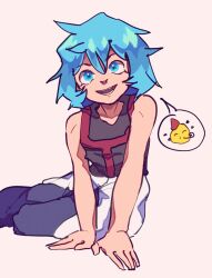 Rule 34 | 1other, androgynous, bare arms, black shirt, blue eyes, blue hair, blue pants, commentary request, eyelashes, feet out of frame, gift art, head tilt, len&#039;en, looking at viewer, medium hair, messy hair, moritake medias, open mouth, other focus, pants, partially undressed, puffy pants, shirt, sitting, sleeveless, sleeveless shirt, smile, solo, spoken emoji, spoken object, straight-on, teeth, two-tone pants, waiwa way, white background, white pants, yokozuwari