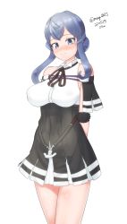Rule 34 | absurdres, arm behind back, black capelet, black gloves, blouse, blue hair, capelet, cosplay, gloves, gotland (kancolle), hair between eyes, hair bun, high-waist skirt, highres, kantai collection, long hair, maru (marg0613), mole, mole under eye, one-hour drawing challenge, shirt, simple background, single hair bun, skirt, sleeveless, sleeveless shirt, tatsuta (kancolle), tatsuta (kancolle) (cosplay), tatsuta kai ni (kancolle), white background
