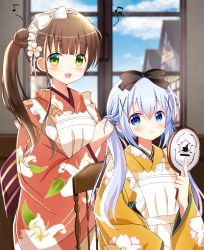 Rule 34 | 2girls, :d, apron, beamed eighth notes, blue eyes, blue hair, blue sky, blurry, blurry background, blush, bow, brown bow, brown hair, building, chair, closed mouth, cloud, cloudy sky, commentary request, day, eighth note, floral print, flower, frilled apron, frills, gochuumon wa usagi desu ka?, green eyes, hair bow, hair bun, hair flower, hair ornament, hairdressing, hand mirror, highres, holding, holding mirror, indoors, japanese clothes, kafuu chino, kimono, long hair, long sleeves, looking at viewer, maid apron, mirror, multiple girls, musical note, on chair, open mouth, orange kimono, print kimono, red kimono, ryoutan, side bun, side ponytail, sidelocks, single hair bun, single side bun, sitting, sky, smile, twintails, ujimatsu chiya, very long hair, white bow, white flower, wide sleeves, window, x hair ornament