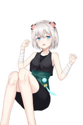 Rule 34 | 1girl, absurdres, animal ears, bandaged arm, bandages, bare legs, bare shoulders, black shirt, black shorts, blue eyes, crop top, crop top overhang, fang, feet out of frame, hands up, highres, hoyoung (maplestory), looking at viewer, maplestory, muyang, open mouth, shirt, short hair, shorts, silver hair, simple background, sleeveless, sleeveless shirt, solo, undershirt, white background