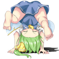 Rule 34 | 1girl, barefoot, bow, daiyousei, dress, closed eyes, fairy wings, feet, female focus, green hair, hair bow, hairline, handstand, highres, kikurage (sugi222), side ponytail, soles, solo, sugi222, toes, touhou, upside-down, wings