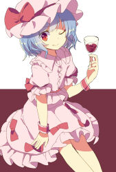 Rule 34 | 1girl, blue hair, bow, busujima (kusahana), closed mouth, collared shirt, cup, drinking glass, fang, fang out, feet out of frame, frilled shirt collar, frilled skirt, frilled sleeves, frills, hat, hat bow, hat ribbon, highres, holding, holding cup, looking at viewer, medium hair, one-hour drawing challenge, one eye closed, pink hat, pink shirt, pink skirt, puffy short sleeves, puffy sleeves, purple ribbon, red background, red bow, red eyes, red wine, remilia scarlet, ribbon, shirt, short sleeves, skirt, sleeve ribbon, solo, touhou, white background, wine glass