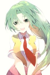 Rule 34 | 1girl, :d, blush, breasts, collared shirt, colored eyelashes, commentary request, cowboy shot, eyelashes, eyes visible through hair, floating hair, green eyes, green hair, hair between eyes, happy, high ponytail, highres, higurashi no naku koro ni, large breasts, long hair, looking at viewer, necktie, open clothes, open mouth, open vest, parted bangs, ponytail, red necktie, red skirt, shirt, short sleeves, simple background, skirt, smile, solo, sonozaki mion, straight-on, suzuragi karin, teeth, upper teeth only, v arms, very long hair, vest, white background, white shirt, yellow vest