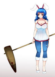 Rule 34 | 1girl, ambiguous red liquid, animal ears, aoshima, bare shoulders, blood, bloody weapon, blue hair, breasts, camisole, capri pants, casual, cleavage, collarbone, contemporary, drill hair, frown, full body, gradient background, highres, kine, large breasts, lips, looking to the side, mallet, pants, rabbit ears, red eyes, reisen udongein inaba, seiran (touhou), shoes, simple background, sleeveless, solo, stain, touhou, weapon, white background, white footwear