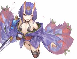 Rule 34 | 1girl, :d, absurdres, akizone, bare shoulders, bob cut, bottle, breasts, choker, collarbone, commentary, eyelashes, fangs, fate/grand order, fate (series), from above, gem, hair ornament, highres, holding, holding sword, holding weapon, horns, japanese clothes, kimono, long sleeves, obi, off shoulder, oni, open mouth, outstretched arm, purple eyes, purple hair, revealing clothes, sash, short hair, shuten douji (fate), simple background, skin-covered horns, small breasts, smile, solo, sword, teeth, thighhighs, weapon, white background, wide sleeves