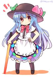 Rule 34 | &gt;:), 1girl, apron, black footwear, black hat, black socks, blue hair, blue skirt, blush, bow, bowtie, buttons, center frills, food, frills, fruit, hat, highres, hinanawi tenshi, kneehighs, leaf, long hair, looking at viewer, mary janes, neck ribbon, peach, puffy short sleeves, puffy sleeves, ramudia (lamyun), red bow, red eyes, ribbon, shirt, shoes, short sleeves, sidelocks, simple background, skirt, smile, socks, solo, sword of hisou, touhou, twitter username, v-shaped eyebrows, white background, white shirt