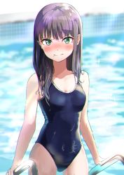 Rule 34 | &gt;:), 10s, 1girl, bare arms, bare shoulders, black one-piece swimsuit, blurry, blurry background, blush, breasts, brown hair, cleavage, closed mouth, collarbone, commentary request, competition school swimsuit, cowboy shot, depth of field, frown, green eyes, kurosawa dia, long hair, looking at viewer, love live!, love live! sunshine!!, mole, mole under mouth, new school swimsuit, nose blush, one-piece swimsuit, pool, school swimsuit, shaka (staito0515), small breasts, smile, solo, sparkle, swimsuit, v-shaped eyebrows, water, wet