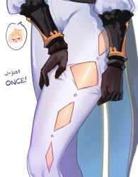 Rule 34 | 1girl, adjusting clothes, black gloves, blush, cape, clothing cutout, diamond (shape), diamond cutout, english text, genshin impact, gloves, highres, jean (genshin impact), jean (genshin impact), legs, long sleeves, lower body, pants, skin tight, solo, spoken character, vambraces, white background, white pants, yoruny