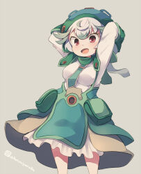 Rule 34 | 1girl, :d, arms behind head, arms up, blue hat, breasts, brown skirt, green skirt, grey background, grey hair, hat, kuromiya, looking at viewer, made in abyss, medium breasts, multicolored hair, one-hour drawing challenge, open mouth, prushka, red eyes, shirt, simple background, skirt, smile, solo, twitter username, two-tone hair, white hair, white shirt