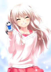 Rule 34 | 10s, 1girl, ^ ^, arm behind back, blush, casual, charlotte (anime), closed eyes, collarbone, gradient background, grin, happy, head tilt, long hair, pleated skirt, ribbon-trimmed clothes, ribbon trim, silver hair, skirt, smile, solo, tomori nao, two side up, video camera, zen