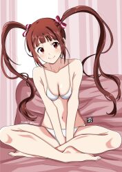 Rule 34 | 1girl, bare legs, barefoot, bikini, blunt bangs, blush, bow, breasts, brown hair, cleavage, collarbone, dated, hair bow, happy birthday, head tilt, highres, idolmaster, idolmaster million live!, indian style, long hair, looking at viewer, matsuda arisa, medium breasts, navel, ponpon, red eyes, signature, sitting, smile, solo, stomach, string bikini, swimsuit, toes, twintails, very long hair, white bikini