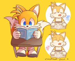 Rule 34 | 1boy, artist name, blue eyes, book, chana (furrytails), closed eyes, dated, desk, drooling, furry, furry male, gloves, holding, holding book, multiple views, open mouth, reading, shoes, simple background, sitting, sleeping, sonic (series), tails (sonic), waking up, watermark, yellow background