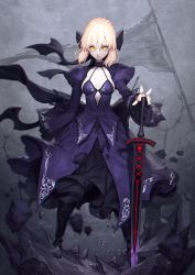 Rule 34 | 1girl, artoria pendragon (all), artoria pendragon (fate), banner, black footwear, black ribbon, blonde hair, blurry, boots, braid, breasts, closed mouth, collarbone, commentary request, debris, depth of field, dress, excalibur morgan (fate), fate/grand order, fate (series), french braid, full body, gothic lolita, grey background, hair between eyes, hair ribbon, halterneck, juliet sleeves, legs apart, lolita fashion, long dress, long sleeves, looking at viewer, mandrill, medium breasts, pale skin, planted, planted sword, planted weapon, puffy sleeves, purple dress, ribbon, saber alter, short hair, sidelocks, solo, sparks, standing, sword, weapon, wind, yellow eyes