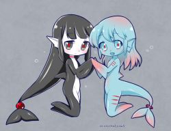 Rule 34 | 2girls, :d, animal ears, blue eyes, blue sclera, blue skin, blunt bangs, blush, bubble, closed mouth, colored sclera, colored skin, dorsal fin, fang, fins, fish tail, floating, from side, full body, gills, grey background, grey hair, head fins, holding hands, kai himo, kneeling, long hair, looking at viewer, low-tied long hair, multiple girls, no feet, no hands, nude, open mouth, original, red pupils, signature, simple background, smile, tail, underwater, very long hair