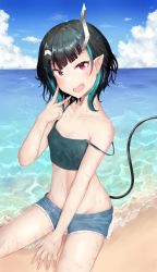 Rule 34 | 1girl, nanashi inc., absurdres, akagane mic, alternate costume, alternate hair length, alternate hairstyle, beach, black camisole, black hair, blue hair, blue shorts, blue sky, blush, breasts, camisole, cloud, commentary request, cowboy shot, crop top, day, demon girl, demon horns, demon tail, fang, head tilt, highres, horizon, horns, looking at viewer, midriff, multicolored hair, navel, ocean, open mouth, outdoors, pointy ears, red eyes, sand, shishio chris, short hair, short shorts, shorts, sitting, skin fang, sky, small breasts, smile, solo, strap slip, sugar lyric, tail, two-tone hair, v, virtual youtuber, wet