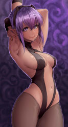 Rule 34 | 1girl, armpits, arms up, bare shoulders, black gloves, black pantyhose, breasts, commentary request, cowboy shot, dark-skinned female, dark skin, fate (series), fingerless gloves, gloves, hairband, hassan of serenity (fate), highres, leotard, looking at viewer, medium breasts, naidong (artist), nail polish, navel, pantyhose, purple eyes, purple hair, smile, solo, standing