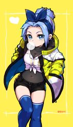 1girl, absurdres, baseball jersey, black shorts, blue bow, blue eyes, blue hairband, blue legwear, bodysuit, borrowed character, bow, breasts, bubble blowing, chewing gum, commentary, commission, english commentary, front-tie top, hair bun, hairband, hands in pockets, hepari, highres, jacket, looking at viewer, medium breasts, minah (chaesu), open clothes, open jacket, original, sheer clothes, shorts, solo, thighhighs, updo, yellow background