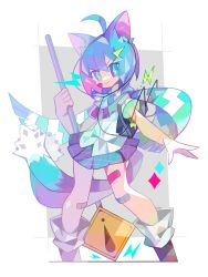 Rule 34 | 1girl, ahoge, amakusa (hidorozoa), animal ears, bandaid, bandaid on knee, bandaid on leg, blue hair, blue skirt, boots, bracelet, cat ears, cat tail, closed mouth, hair ornament, hairclip, holding, jewelry, legs apart, looking at viewer, multiple tails, nekomata, original, pleated skirt, road sign, scarf, shirt, short hair, short sleeves, sign, skirt, smile, solo, standing, striped clothes, striped scarf, tail, thighs, two tails, white shirt