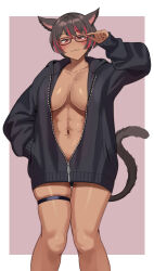 Rule 34 | 1girl, :3, abs, absurdres, animal ears, black jacket, breasts, brown hair, cat ears, cat girl, cat tail, character request, commission, copyright request, dark-skinned female, dark skin, glasses, highres, hood, hooded jacket, jacket, large breasts, long sleeves, looking at viewer, mole, mole on breast, mole on stomach, mole on thigh, multicolored hair, navel, red-framed eyewear, red eyes, red hair, short hair, skeb commission, skindentation, solo, stomach, streaked hair, tail, thigh strap, toin (iitoin), unzipped, zipper, zipper pull tab