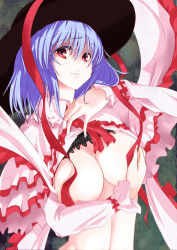 Rule 34 | 1girl, blue hair, breast hold, breasts, censored, cleavage, clothes lift, convenient censoring, covering privates, female focus, grin, hat, kuronuko neero, large breasts, md5 mismatch, nagae iku, naughty face, red eyes, shirt lift, smile, solo, touhou, upper body