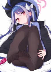 Rule 34 | 1girl, absurdres, antenna hair, bitseon, black panties, black pantyhose, blue archive, blue hair, blue shirt, blush, bow, embroidered panties, feet, foot focus, fubuki (blue archive), grey hair, hair bow, halo, hat, head tilt, highres, jacket, knees up, long hair, looking at viewer, multicolored hair, panties, pantyhose, peaked cap, red eyes, shirt, sidelocks, simple background, soles, solo, streaked hair, toes, twintails, two-sided fabric, two-sided jacket, underwear, very long hair, white background