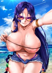 Rule 34 | :d, bad id, bad pixiv id, beach, blue eyes, blue hair, blush, breasts, breasts out, clear sky, cloud, collarbone, day, eyebrows, eyebrows hidden by hair, eyelashes, fate/grand order, fate (series), foxyreine, hair ornament, highres, inverted nipples, large breasts, lips, long hair, looking at viewer, low-tied long hair, minamoto no raikou (fate), navel, nipples, ocean, open mouth, patreon logo, sand, selfie, shiny skin, short shorts, shorts, signature, sky, smile, solo, sun, sunglasses, sunlight, sweat, swimsuit, thick thighs, thigh gap, thighs, thong, tongue, tongue out, very long hair, water, waves