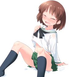 Rule 34 | 1girl, arm support, black neckerchief, black socks, blouse, blush, brown footwear, brown hair, clothes between thighs, clothes lift, commentary, dated, frown, girls und panzer, green skirt, highres, kuzuryuu kennosuke, leaning back, lifting own clothes, loafers, long sleeves, miniskirt, navel, neckerchief, one-hour drawing challenge, ooarai school uniform, open mouth, pleated skirt, sakaguchi karina, school uniform, see-through, serafuku, shirt, shirt lift, shoes, short hair, simple background, sitting, skirt, socks, solo, sweat, sweatdrop, twitter username, wet, wet clothes, wet shirt, white background, white shirt
