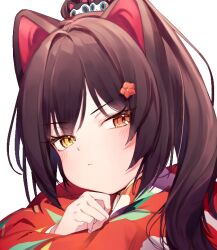 Rule 34 | 1girl, animal ears, blush, brown hair, closed mouth, dog ears, heterochromia, inui toko, nijisanji, ponytail, portrait, red eyes, simple background, solo, sukuna136, virtual youtuber, white background, yellow eyes