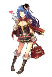 Rule 34 | 1girl, black hat, blowing kiss, blue eyes, blue hair, blush, boots, bow, breasts, brown dress, brown footwear, caduceus, cape, cleavage, commentary request, creator (ragnarok online), dress, flower, frilled hat, frills, fur-trimmed footwear, fur trim, gloves, hat, hat bow, hat flower, long hair, looking at viewer, medium breasts, pink flower, pouch, ragnarok online, red cape, short dress, simple background, solo, strapless, strapless dress, teeth, top hat, tsuki miso, vial, white background, white bow, white gloves