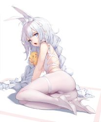 Rule 34 | + +, 1girl, animal ears, ass, azur lane, bare shoulders, bird, blue eyes, braid, chick, clothing cutout, fake animal ears, full body, hairband, high heels, highres, le malin (azur lane), le malin (listless lapin) (azur lane), leotard, leviathan (hikinito0902), long hair, looking at viewer, looking back, manjuu (azur lane), official alternate costume, open mouth, pantyhose, playboy bunny, rabbit ears, side cutout, simple background, skindentation, solo, thigh strap, tongue, tongue out, twin braids, very long hair, white background, white footwear, white hair, white leotard, white pantyhose