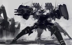 Rule 34 | armor, armored core, armored core 5, fighting stance, from software, gatling gun, grey background, gun, machinery, mecha, mozuo, no humans, robot, silhouette, simple background, weapon