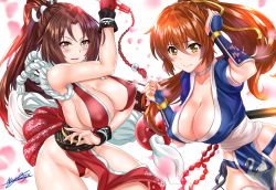 Rule 34 | 2girls, absurdres, arm guards, bare shoulders, blush, breasts, bridal gauntlets, brown eyes, brown hair, choker, cleavage, closed mouth, collarbone, dead or alive, fatal fury, female focus, floral print, folded fan, folding fan, hair between eyes, hair ribbon, hand fan, hand in own hair, high ponytail, highres, hip focus, huge filesize, japanese clothes, kasumi (doa), knife, large breasts, long hair, looking at viewer, multiple girls, nez-box, ninja, obi, open mouth, orb, parted bangs, pelvic curtain, petals, ponytail, revealing clothes, ribbon, rope, sash, sheath, sheathed, shiranui mai, short sleeves, sideboob, signature, simple background, smile, tassel, the king of fighters, thighhighs, thighs, white background, white legwear, white ribbon, yellow ribbon