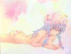 Rule 34 | 1girl, :3, breast press, breasts, crescent, crescent hair ornament, eyelashes, hair ornament, hair ribbon, hat, highres, long hair, looking at viewer, lying, mob cap, on stomach, painting (medium), panties, panties only, patchouli knowledge, pink background, pink panties, purple eyes, purple hair, ribbon, solo, topless, touhou, traditional media, tress ribbon, underwear, underwear only, watercolor (medium), yuyu (00365676)
