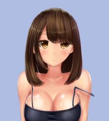 Rule 34 | 1girl, bare shoulders, breasts, brown eyes, brown hair, cleavage, collarbone, colored eyelashes, expressionless, female focus, highres, large breasts, long hair, looking at viewer, original, shirt, short hair, simple background, solo, strap slip, upper body, white shirt, yoiro, yoiro (porigonn)