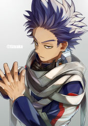 Rule 34 | 1boy, bags under eyes, boku no hero academia, from above, from side, gym uniform, hands up, highres, male focus, mask, mask around neck, messy hair, mouth mask, own hands together, purple eyes, purple hair, scarf, shinsou hitoshi, short hair, sideburns, simple background, solo, spiked hair, steepled fingers, strap, tonbanlove, twitter username, u.a. gym uniform, upper body, v arms