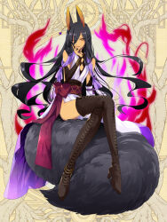 Rule 34 | 1girl, animal ears, black hair, blonde hair, boots, bracelet, breasts, cross-laced footwear, dairoku ryouhei, earrings, fangs, fire, full body, hair between eyes, helmine grimgerde, jewelry, l (matador), long hair, ring, sitting on own tail, small breasts, solo, thigh boots, very long hair, yellow eyes