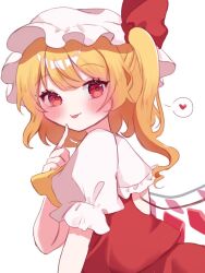 Rule 34 | 1girl, ascot, blonde hair, blush, cowboy shot, flandre scarlet, frilled sleeves, frills, from side, hat, heart, looking at viewer, medium hair, mob cap, one side up, puffy short sleeves, puffy sleeves, red hair, red skirt, red vest, short sleeves, simple background, siomi 403, skirt, solo, spoken heart, tongue, tongue out, touhou, vest, white background, white hair, yellow ascot
