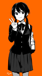 Rule 34 | 1girl, arisaka ako, arm behind back, backpack, bag, black hair, blazer, bow, buttons, closed mouth, collared shirt, cowboy shot, greyscale, hair between eyes, hand up, jacket, long sleeves, looking at viewer, low twintails, monochrome, orange background, original, pleated skirt, school uniform, shirt, sidelocks, simple background, skirt, smile, solo, standing, twintails, v