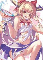 Rule 34 | 1girl, absurdres, alcohol, bow, bowtie, breasts, commentary, cuffs, cup, hair bow, highres, holding, holding cup, horn bow, horn ornament, horns, ibuki suika, long hair, looking at viewer, looking back, medium breasts, navel, open mouth, orange eyes, orange hair, purple bow, purple skirt, red bow, red bowtie, ribbon-trimmed skirt, ribbon trim, sakazuki, sake, saniraku, shackles, shirt, skirt, solo, torn clothes, torn shirt, torn sleeves, touhou, wrist cuffs