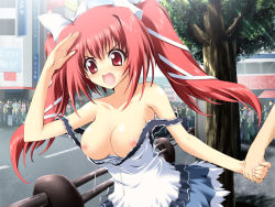 Rule 34 | 1girl, breasts, city, cleavage, dress, endou ifrina, fang, figu@mate, game cg, hair ribbon, holding hands, long hair, male hand, mitsuki mantarou, nipples, open mouth, pink hair, red eyes, red hair, ribbon, solo focus, twintails, wardrobe malfunction