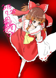 Rule 34 | 1girl, ascot, ayakase riberi, bare shoulders, bow, brown eyes, brown hair, dated, detached sleeves, dutch angle, full body, gradient background, hair bow, hair tubes, hakurei reimu, japanese clothes, long sleeves, looking away, miko, ponytail, red bow, signature, solo, thighhighs, touhou, white thighhighs, wide sleeves