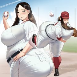 Rule 34 | 1girl, absurdres, ass, bad id, bad pixiv id, ball, baseball, belly, blush, breasts, brown hair, fat, hand on own hip, hat, highres, huge ass, huge breasts, looking at viewer, original, outdoors, plump, see-through, smile, sports, thick thighs, thighs, toroboro, wide hips