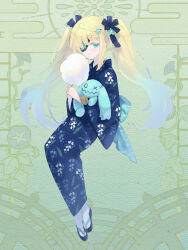 Rule 34 | black bow, blonde hair, blue eyes, blue hair, blue kimono, blush, bow, braid, cotton candy, dairoku ryouhei, eyepatch, floral print, flower, full body, gradient hair, green background, hair bow, hair flower, hair ornament, highres, holding, holding stuffed toy, japanese clothes, kimono, looking at viewer, lucy bluebell, multicolored hair, sandals, smile, socks, stuffed toy, toco ovo, twintails, white socks, zouri