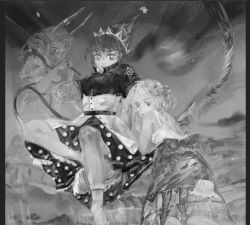 Rule 34 | 3girls, doremy sweet, female focus, greyscale, kishin sagume, looking at viewer, looking back, mamezoo, mamezō, monochrome, multiple girls, outdoors, pillarboxed, seiran (touhou), sky, touhou