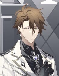 Rule 34 | 1boy, ahoge, black gloves, black necktie, black shirt, blue gemstone, brooch, brown hair, chain, closed mouth, collar chain (jewelry), collared shirt, curtained hair, earrings, gem, glint, gloves, hair behind ear, hair between eyes, hand up, idolish7, jacket, jewelry, lapel pin, lapels, loladestiny, long sleeves, looking at viewer, male focus, necktie, notched lapels, shirt, short hair, silver trim, single earring, smile, solo, tsunashi ryuunosuke, upper body, white jacket, yellow eyes
